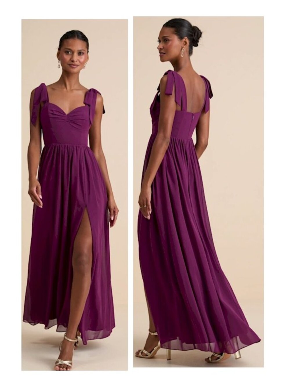 Lulus Radiant Charisma Plum Chiffon Ruched Tie-Strap Maxi Dress Size Small New